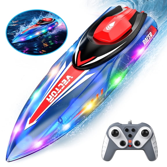 WonderStone Large RC Boat for Pools & Lakes, 2.4G Remote Control Boat with 7 LED Modes, Waterproof Racing Boat with 2 Rechargeable Batteries, Summer Toy for Adults & Kids (Blue)