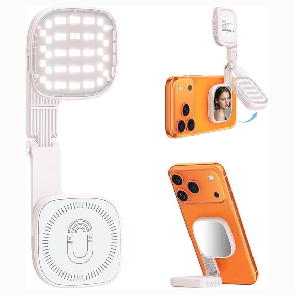 Magnetic Selfie Light for Video Calls, 360° Foldable Ring Light with 3 Colors & Dimmable Brightness, 1000mAh, MagSafe Compatible with iPhone 17-12 & All Phones for Zoom/TikTok/Selfie（White）