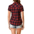 thumbnail image 3 of Unique Bargains Women's Casual Boyfriend Plaid Button Down Flannel Shirt XS Dark Blue Red, 3 of 6