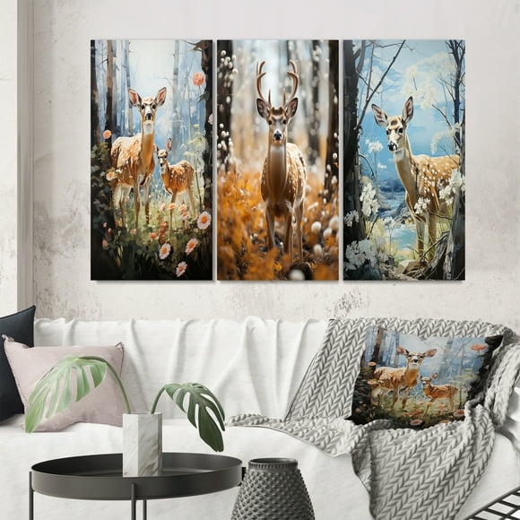 Designart "Deer beautyful Fawn Pastoral II" Animals Wall Art Set Of 3 - Brown Deer Canvas Set For Living Room Decor