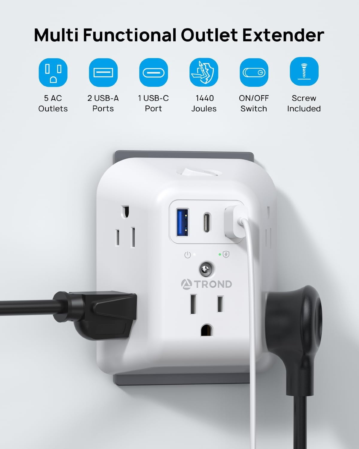 Surge Protector Outlet Extender - 5 Outlet Splitter with 3 USB Ports (1 USB C), Multi Plug Expander with ON/Off Switch, 3 Sided Multiple Wall Plug Power Strip for Home Travel Office