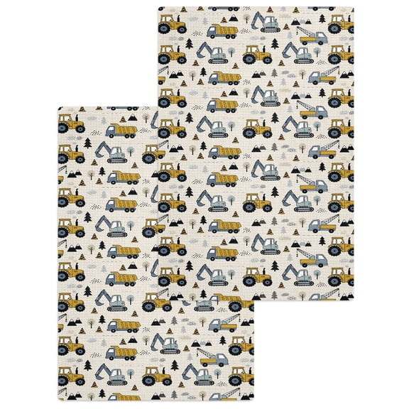 Cartoon Truck Kitchen Dish Towels for Drying Dishes Set of 2, Cute Yellow Grey Excavator Bulldozer Pine Tree Waffle Weave Microfiber Hand Tea Bathroom Towels Quick Dry & Absorbent Towel 15.7x23.6