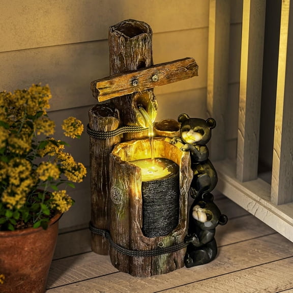 22.8" Outdoor Water Fountain, 3-Tier Floor Standing Resin Bears on Log Waterfall Fountain with LED Lights