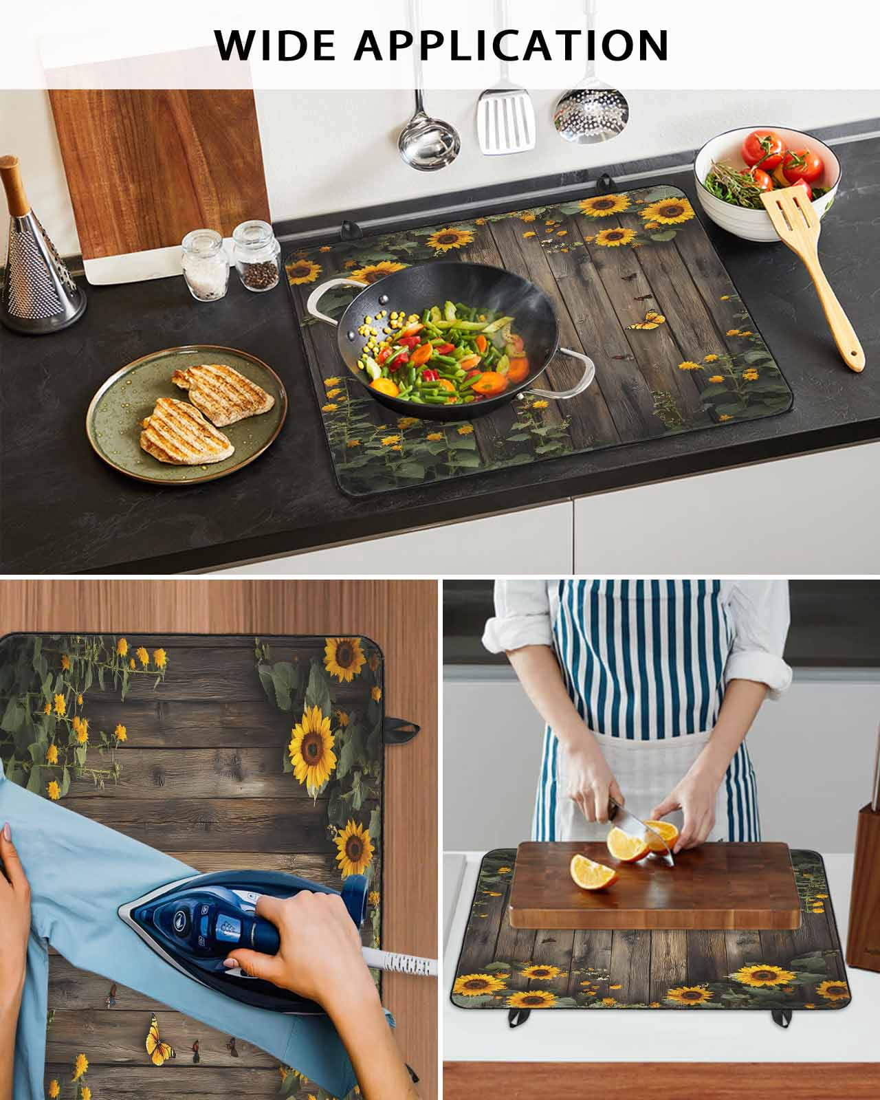 nqOlkjepod Large Induction Cooktop Protector Mat 36"x21", Spring Sunflower Stove Top Covers for Electric Stove, Wildflower Leaves Wood Plank Country Stove Burner Cover Mats, Glass Top Stove Cover