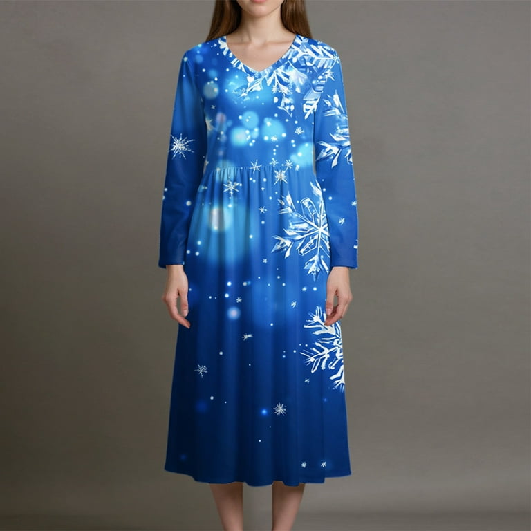 Christmas Dresses for Women Women's Fashion Dress Spring V-neck Long Sleeve  Dress with Christmas Print for Holiday Party,Royal Blue,S