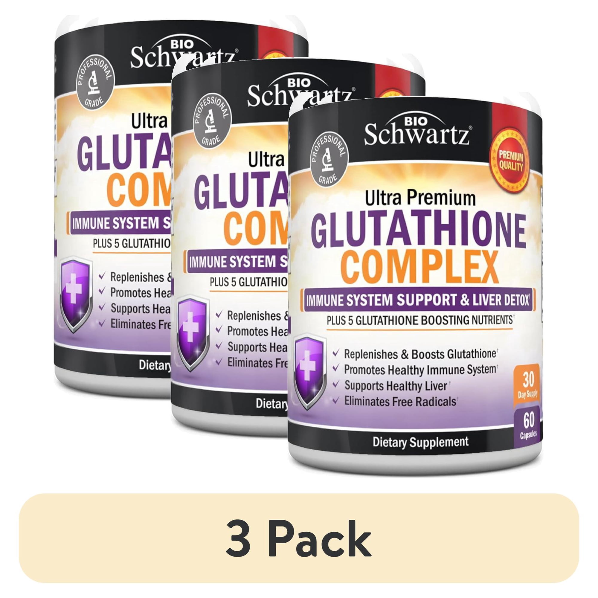 (3 pack) BioSchwartz Glutathione Complex Dietary Supplement Capsules, 500mg, Immune and Liver Support, 60 Count
