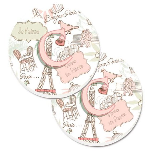 Carolines Treasures  Letter C Love in Paris Pink Set of 2 Cup Holder Car Coaster