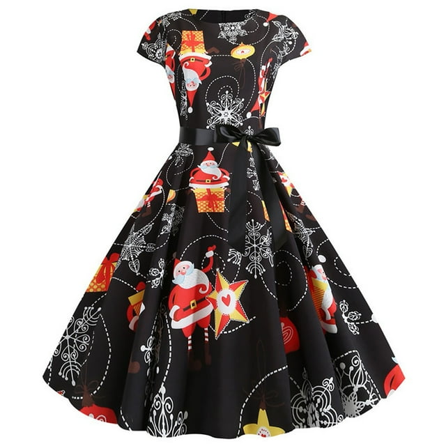 Qertyioot Robe à Imprimé de Noël pour Femmes, Robe Décontractée Vintage à Manches Courtes pour l'Hiver