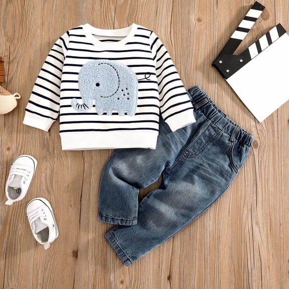 MEZZALL Baby Boy Elephant Stripe Long Sleeve Tops With Denim Pants Soft Casual Outfits Toddler Autumn Cartoon Playwear Fashionable Clothing Sets
