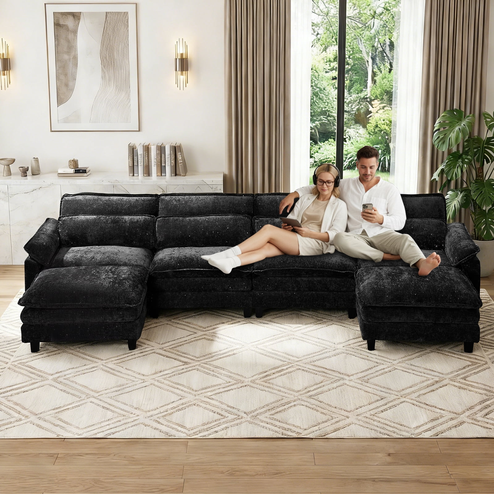 Howcool 148" Modular Sectional Sofa , 4 Seater U-Shaped Cloud Couch with Movable Ottoman, USB Charging Ports & Side Pockets, Sectional couchs for Living Room,Chenille Fabric,Black