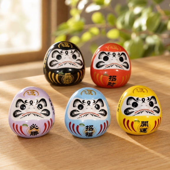 Japanese Daruma Doll Figurine Set, Five Colorful Traditional Resin Statues for Shelf Desk & Tabletop Decor, Symbolic Home Office Accents for Focus Fortune & Perseverance, Symbolic Table Accent