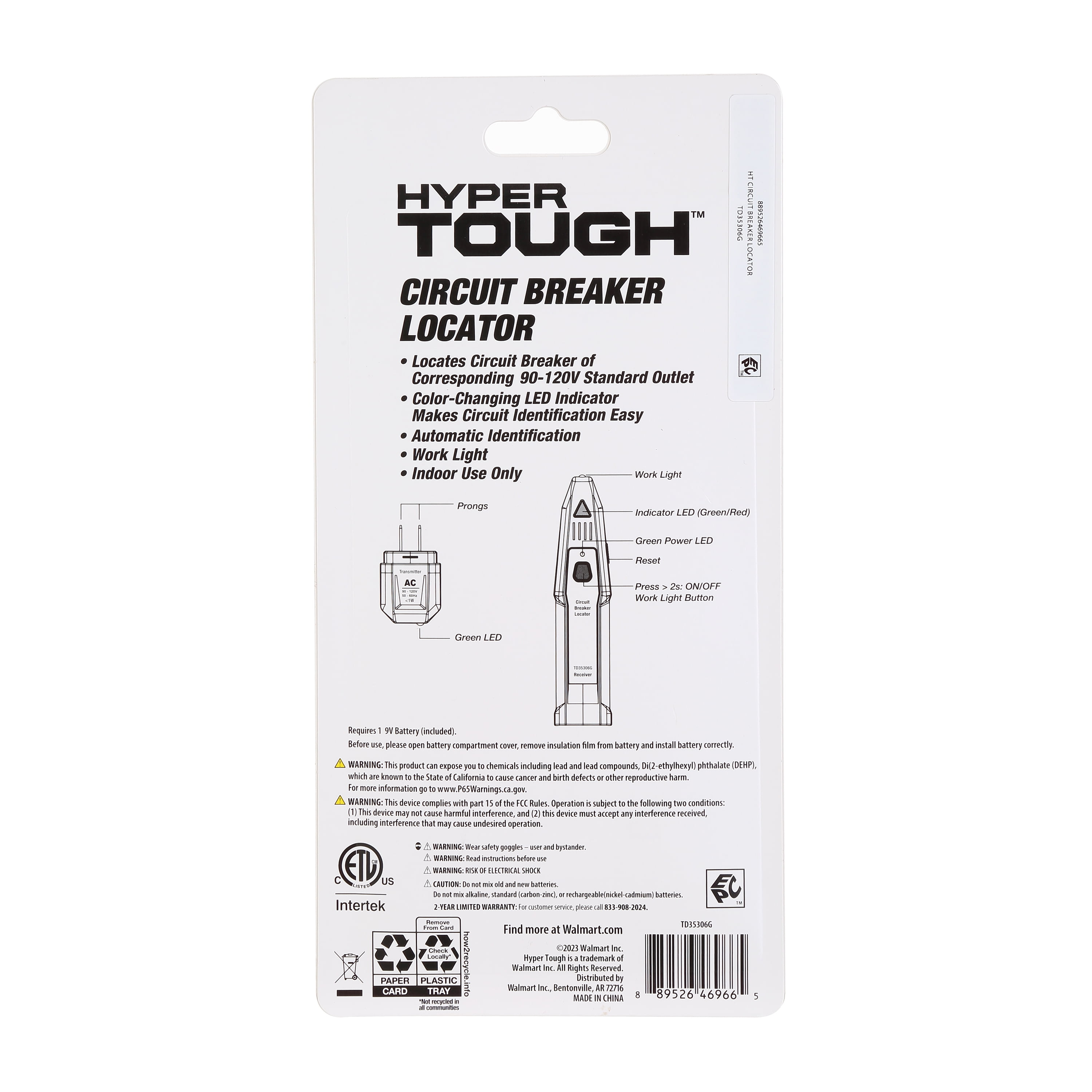 Hyper Tough Circuit Breaker Locator TD35306G, New, 1 Each, 8.5 in x 1.5 in x 0.75 in, 9-volt Battery Included, AC 90 - 120 Volts, LED Display