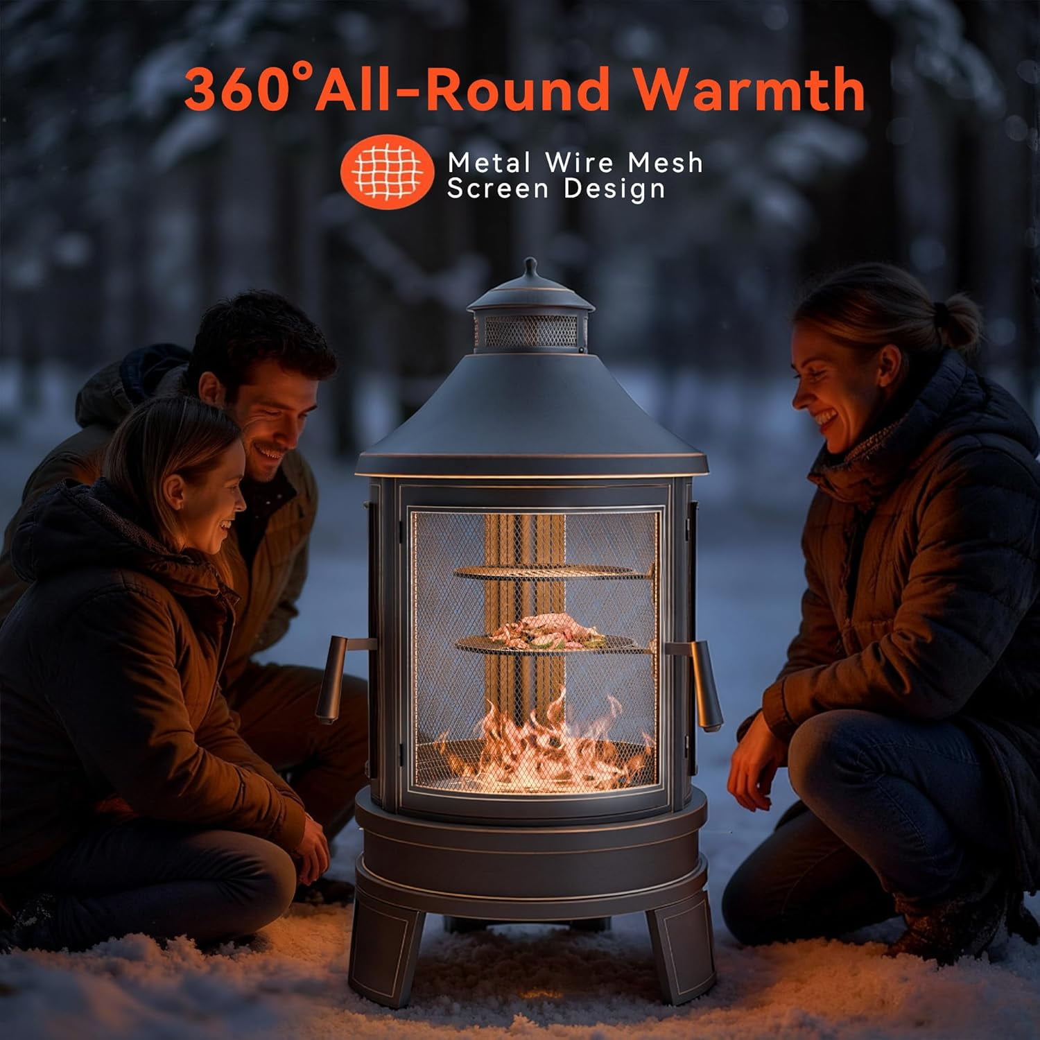 ASJMR Fire Pits for Outside Wood Burning, 2 Grills, Smokeless Structure,3-Sided Openable Metal Mesh for Patio, Picnic, Party