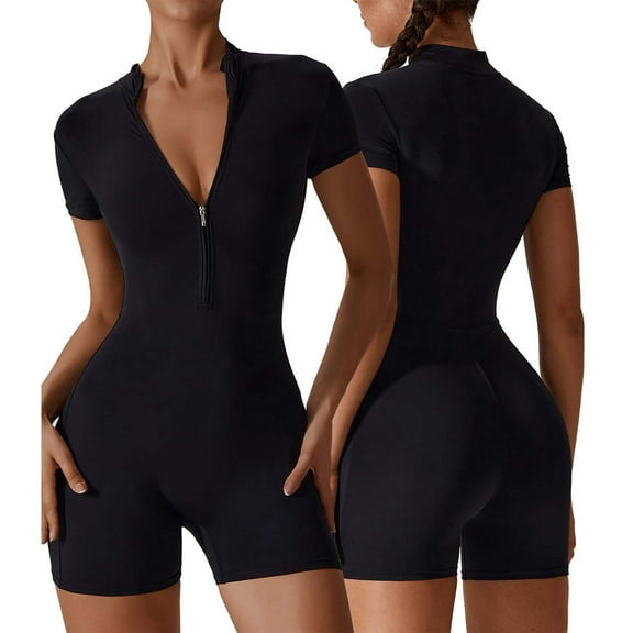 Riforla Women's Solid Color Summer Zippered Short Sleeve Yoga Jumpsuit Dance Fitness Tight Workout Jumpsuits for Women Black XL