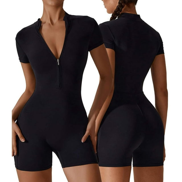 Kcodviy Women's Solid Color Summer Fleece Jumpsuit Women Zippered Short Sleeve Yoga Junior Jumpsuits and Rompers Jumpsuit Dance Fitness Tight Yoga Jumpsuit Workout