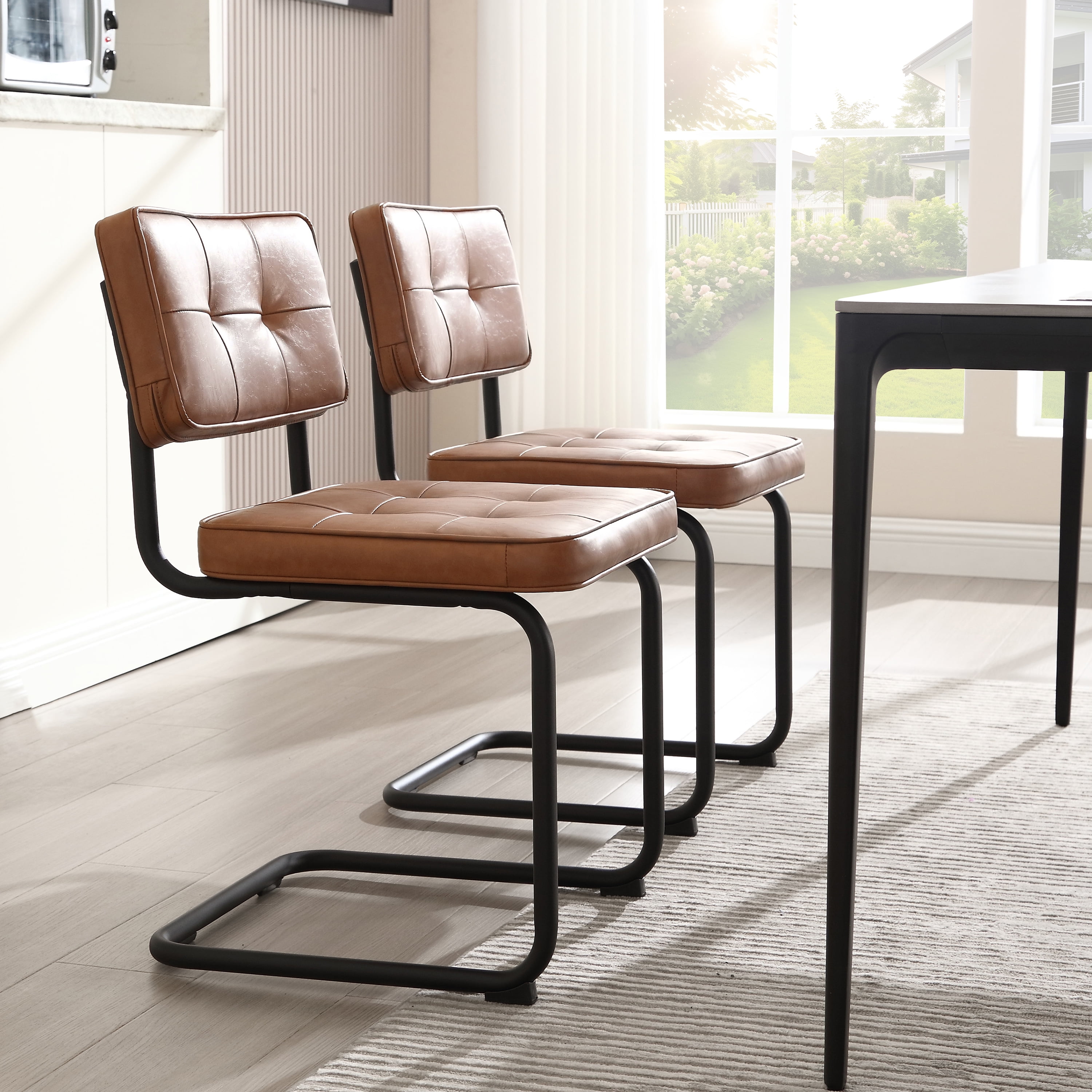 ONEVOG 19.3'' Mid-Century Modern Dining Chairs Set of 2, Faux Leather Cantilever Kitchen Chairs with Matt Black Legs for Kitchen Dining room, Brown