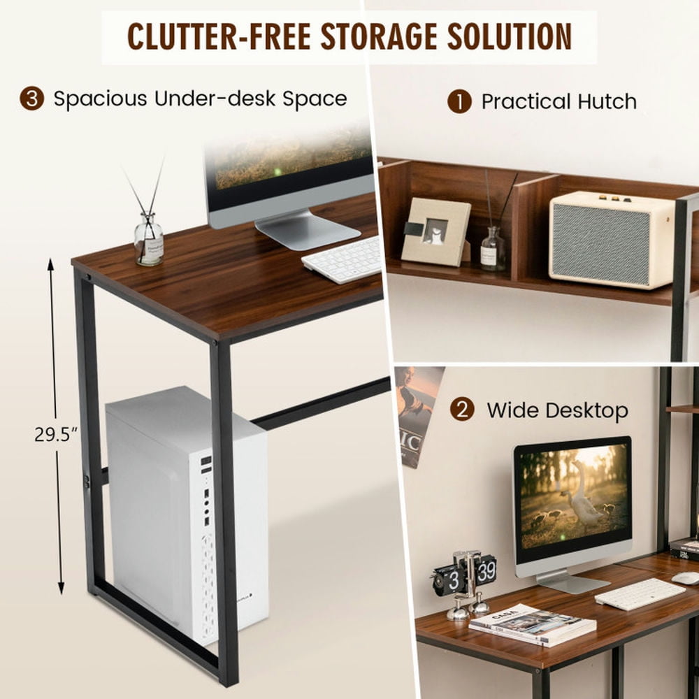 Demi Bonn Reversible L-Shaped Corner Desk with Storage Bookshelf, Small Home Office Desk Study Writing Table, Walnut