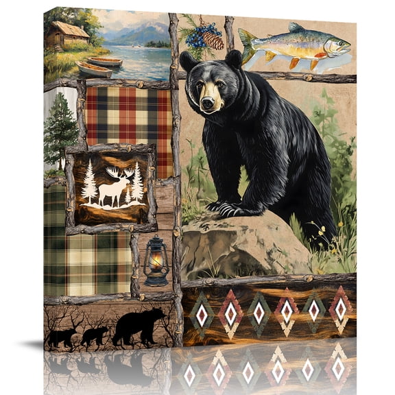 Wall Art Prints, Vintage Black Bears Framed Canvas Prints for Bedroom Living Room Bathroom Office, Abstract Country Plaid Fish Retro Gallery Wrap Wall Art Poster for Gifts Home Decor 16"x16"
