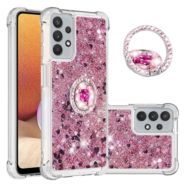 Funda para Samsung Galaxy A32 5G con Brillo Líquido Flotante, Purpurina, Parachoques y Anillo Giratorio Soporte