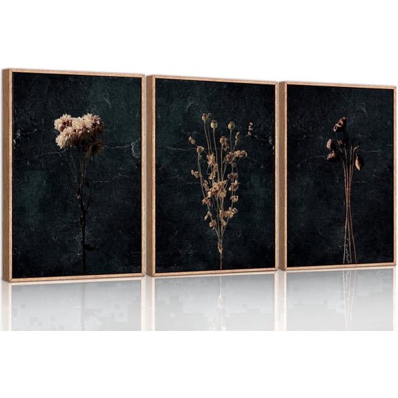 TOARTi Moody Dark Orange Floral Framed Canvas Wall Art Set, Minimalist Wildflower Wall Decor, Black Flower Botanical Wall Painting, Modern Art Print for Living Room, Bedroom, Office 16"x24"x3