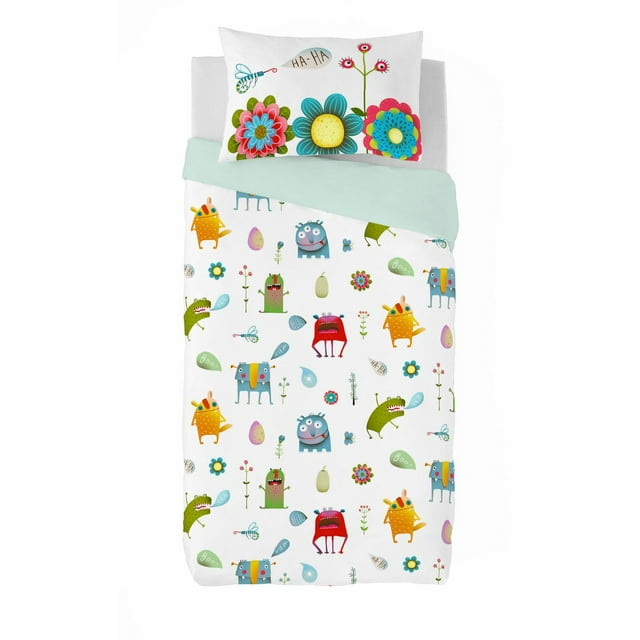 Gouchee Home Hiboo Twin Duvet Cover Set with 2-piece reversible cotton bedding featuring colorful cartoon monsters, flowers, and doodles on white, plus a mint green reverse side and a pillow sham with large floral prints, ideal for kids’ rooms or guest beds.