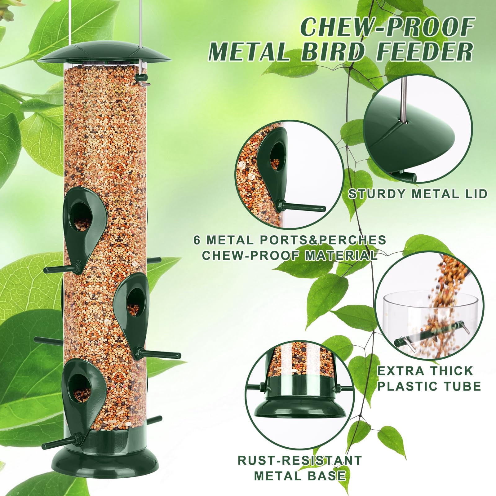 Metal Bird Feeder - 6 Port Tube Feeder for Outdoors, Heavy Duty Squirrel Proof with Metal Lid, Easy Fill & Clean, Weather Resistant, 13 Inch