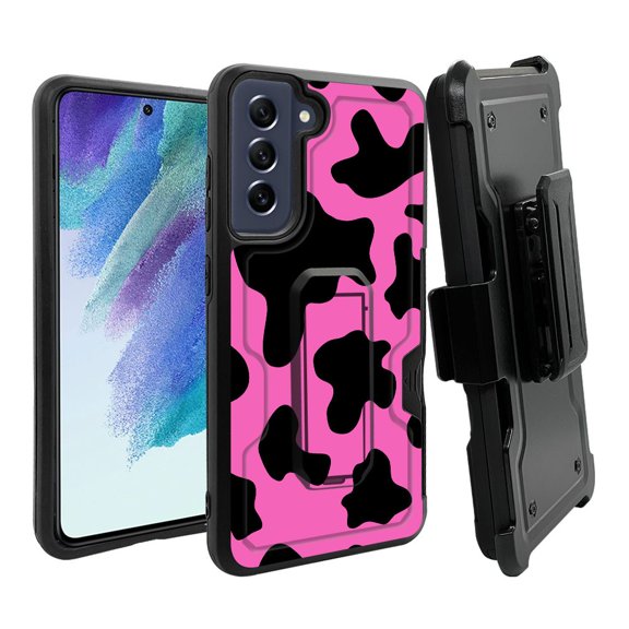 ANJ  Rugged Dual Layer Hybrid Holster Kickstand Case w/ Card Slot   Tempered Glass Cover for Samsung Galaxy S21 FE 5G - Pink Cow Print