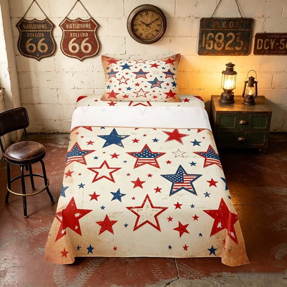 Manfei Vintage Stars Twin Sheets, July 4th Independence Day Bedding, Red White Blue, Black Reversible 3 Pieces (1 Flat Sheet, 1 Fitted Sheet and 1 Pillowcase)