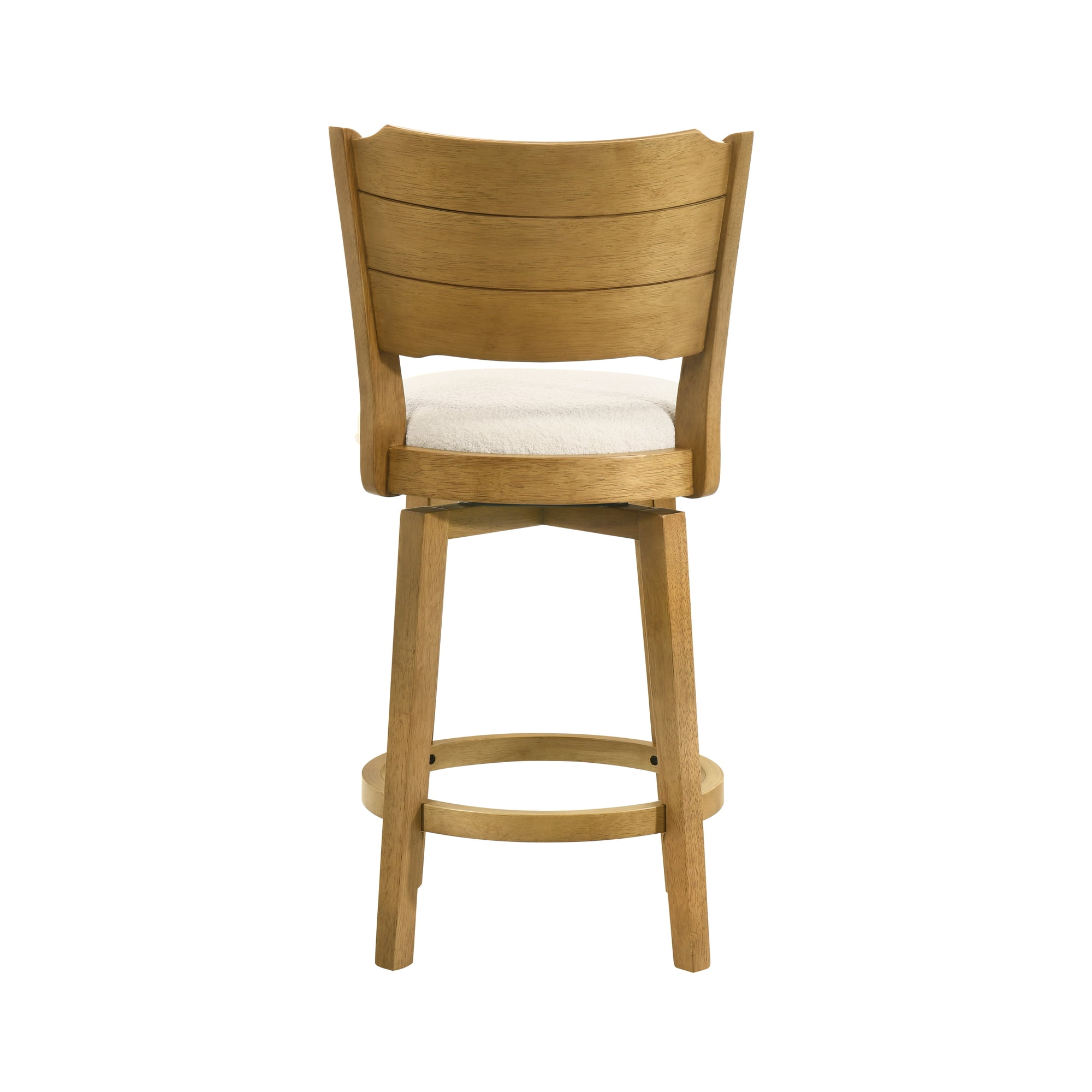 Winsley Coastal Modern Swivel Wood Counter Height Kitchen Bar Stool in Amber Glow Finish with White Boucle Fabric Upholstered Seat - Set of 3
