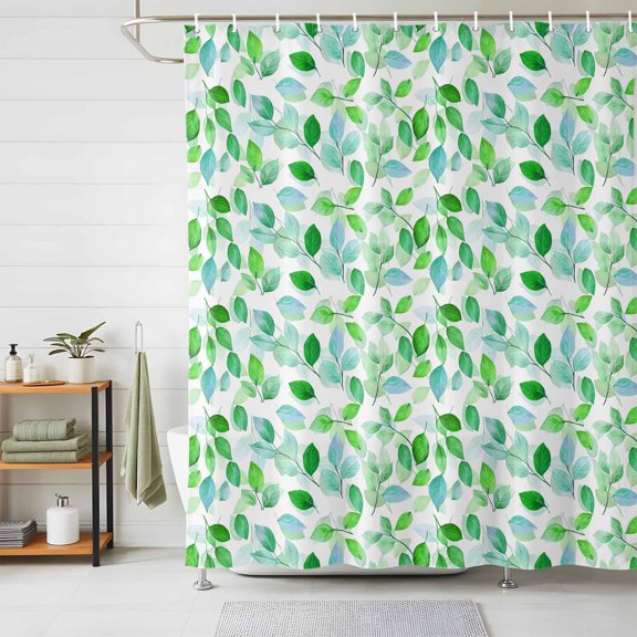 Shower Curtain Watercolor Leaf Shower Curtains for Bathroom Decor, Waterproof Polyester Shower Curtain Set with Hooks, Standard Size 72" x 72" Green Leaves