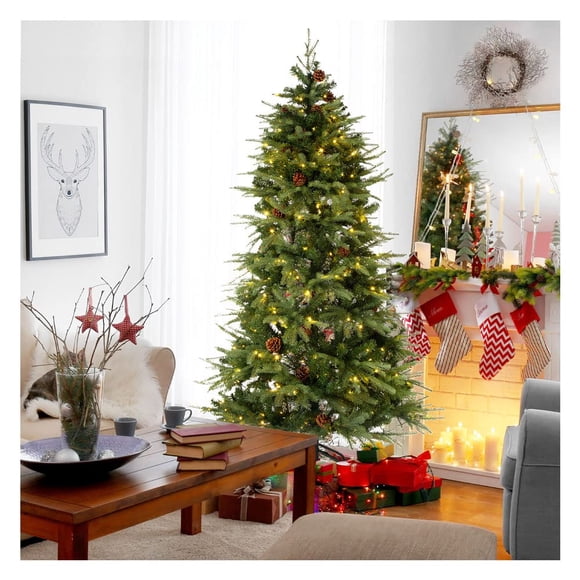 Árbol de Navidad Glitzhome, abeto verde preiluminado, 6 pies con 350 LED