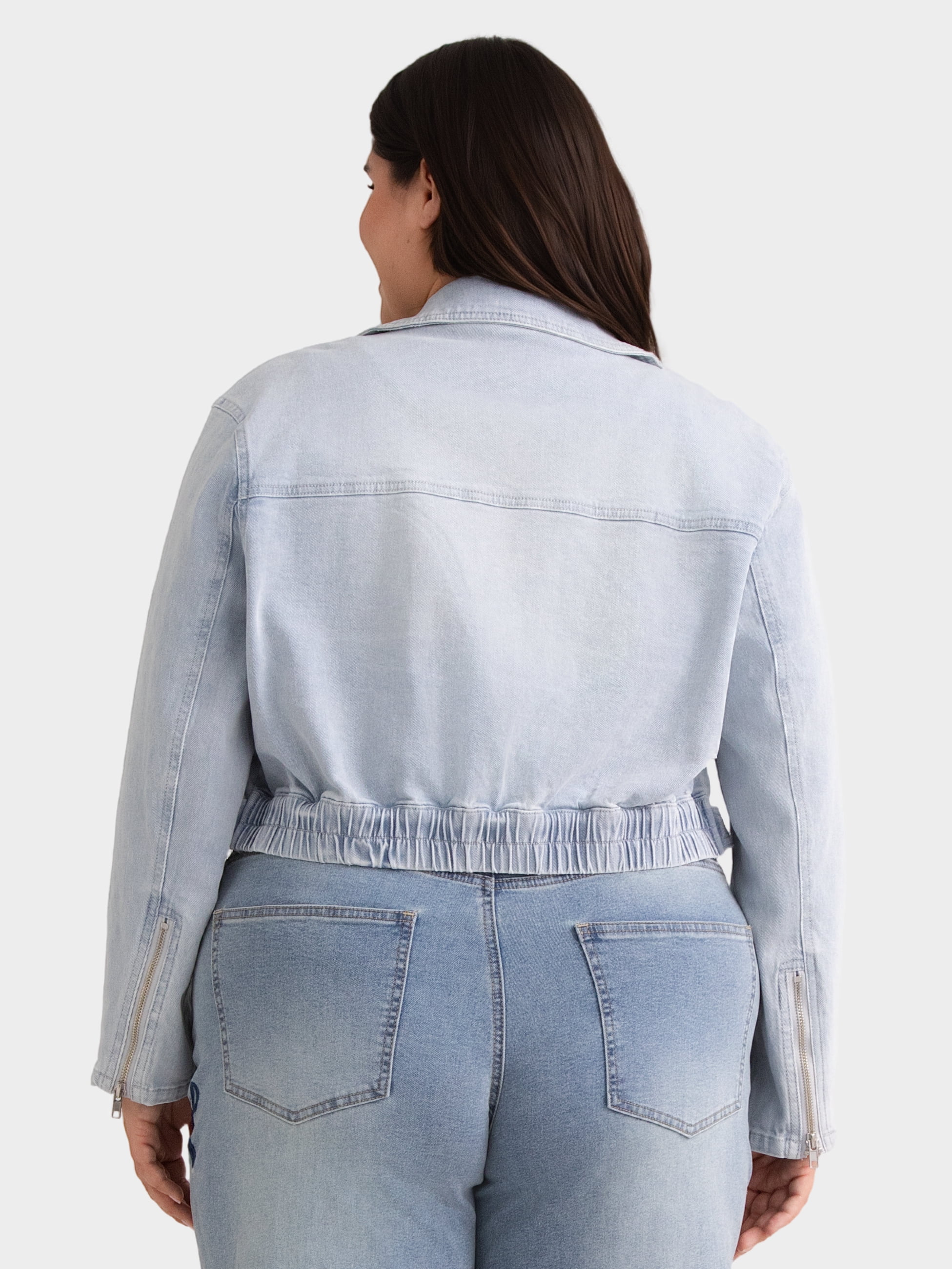 Madden NYC Women's Plus Size Cropped Denim Moto Jacket