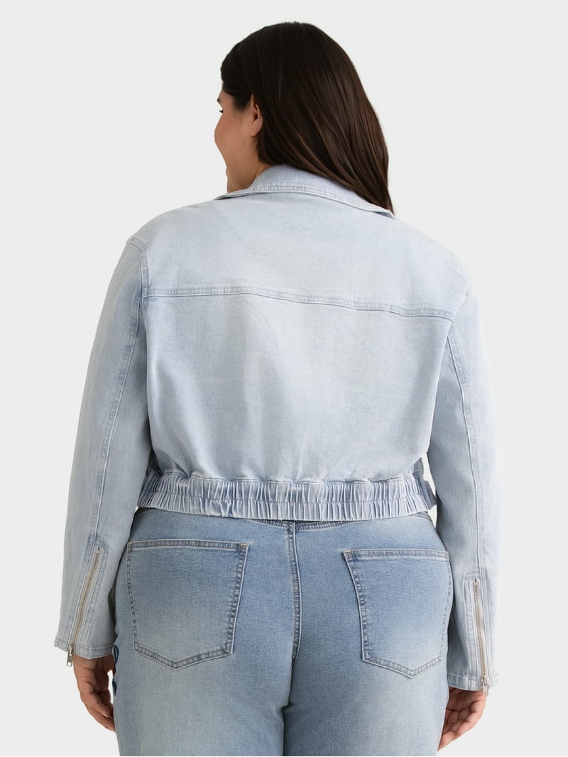 Madden NYC Women's Plus Size Cropped Denim Moto Jacket