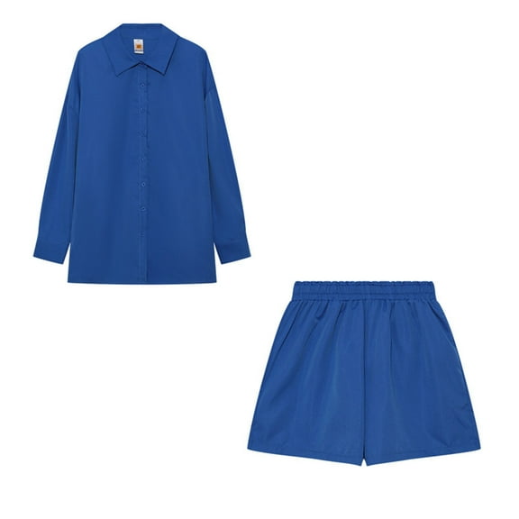 Womens 2 Piece Outfits Casual Loose Lapel Long Sleeve Button down Shirts and Wide Leg Shorts Lounge Sets Tracksuits