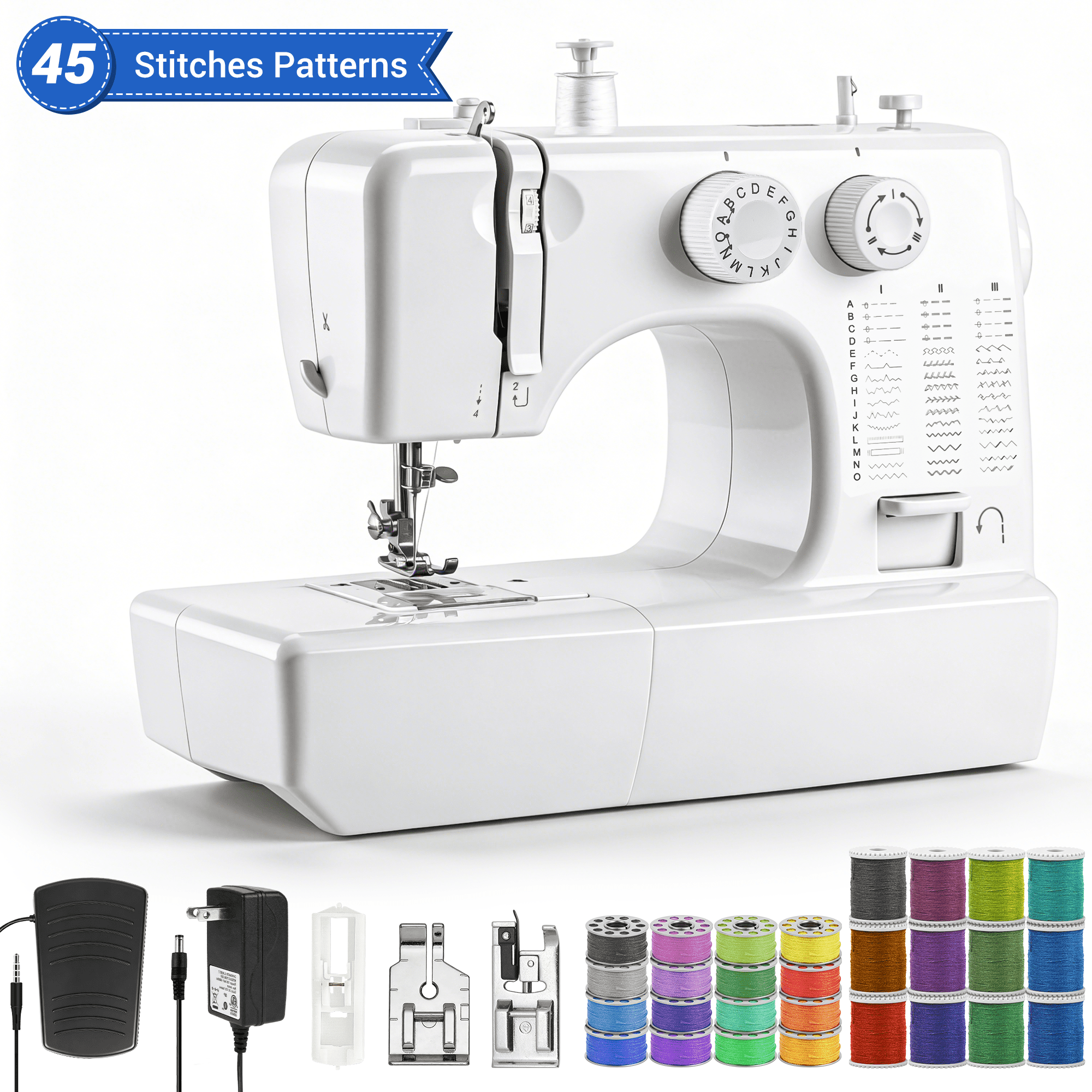 BCOOSS Sewing Machine for Beginner Portable Sewing Machine With 45 Stitches and 3 Sewing Feet