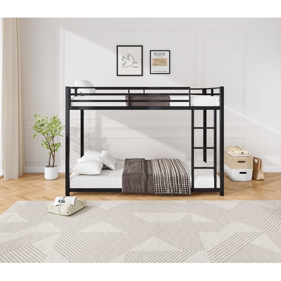 Sevhomes Twin over Twin Metal Low Bunk Bed with Ladder and Guardrails, Black