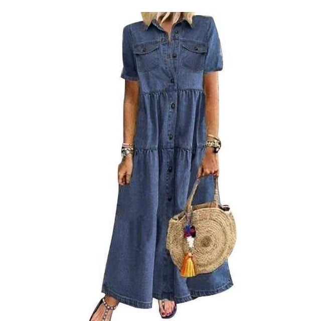 POINTERTECK Robe en Denim Grande Taille pour Femmes à Manches Courtes avec Col Rabattu