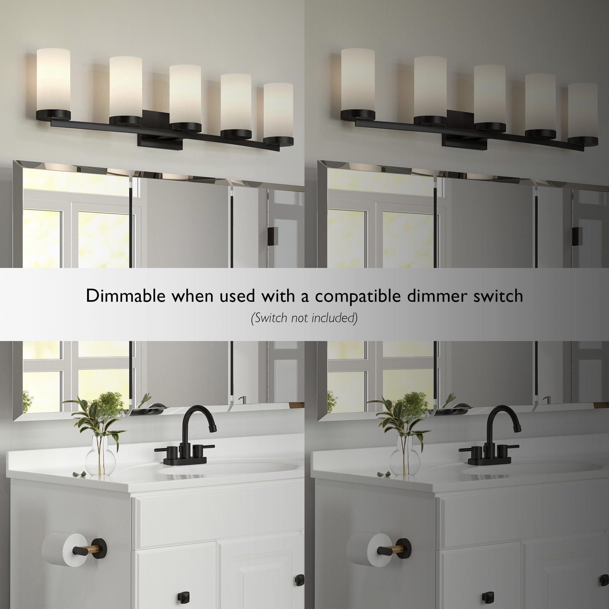 Breckham 5-Light Vanity Light in Black, 38.0 in Curved Bar with Frosted Glass