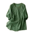 thumbnail image 2 of Embroidered Linen Shirts for Women Cotton Gauze Shirt Summer Boho Retro 3/4 Sleeve Dressy Casual Peasant Blouses Green XL, 2 of 4