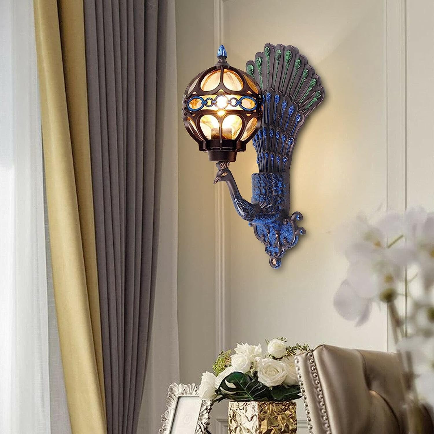 Aiqidi Peacock Wall Lamp Retro Antique Wall Mount Fixture Waterproof Outdoor LED Wall Light for Home Decor