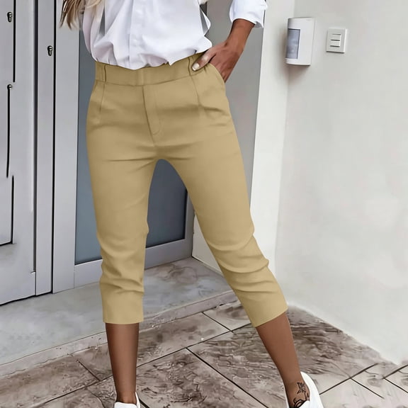 Cutuoiiu Womens Casual Solid Color Cropped Dress Pants with Pockets for Work and Leisure Gift
