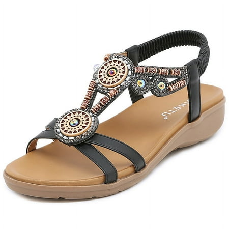 

Women Wedge Sandals Summer Bohemia Casual High Heels Sandals Fashion Female Peep Toe Rhinestones Outdoor Beach Shoes