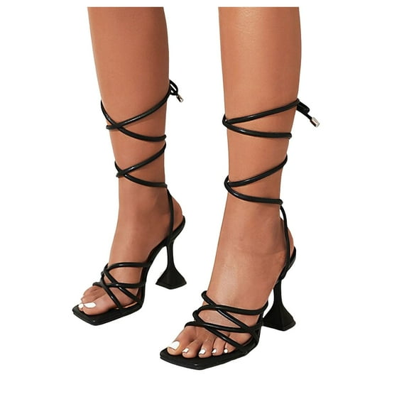 Mepaouo Womens Lace up Heels Square Open Toe Strappy Straps Ankle Wrap Stiletto High Heel Sandals(Black,9)