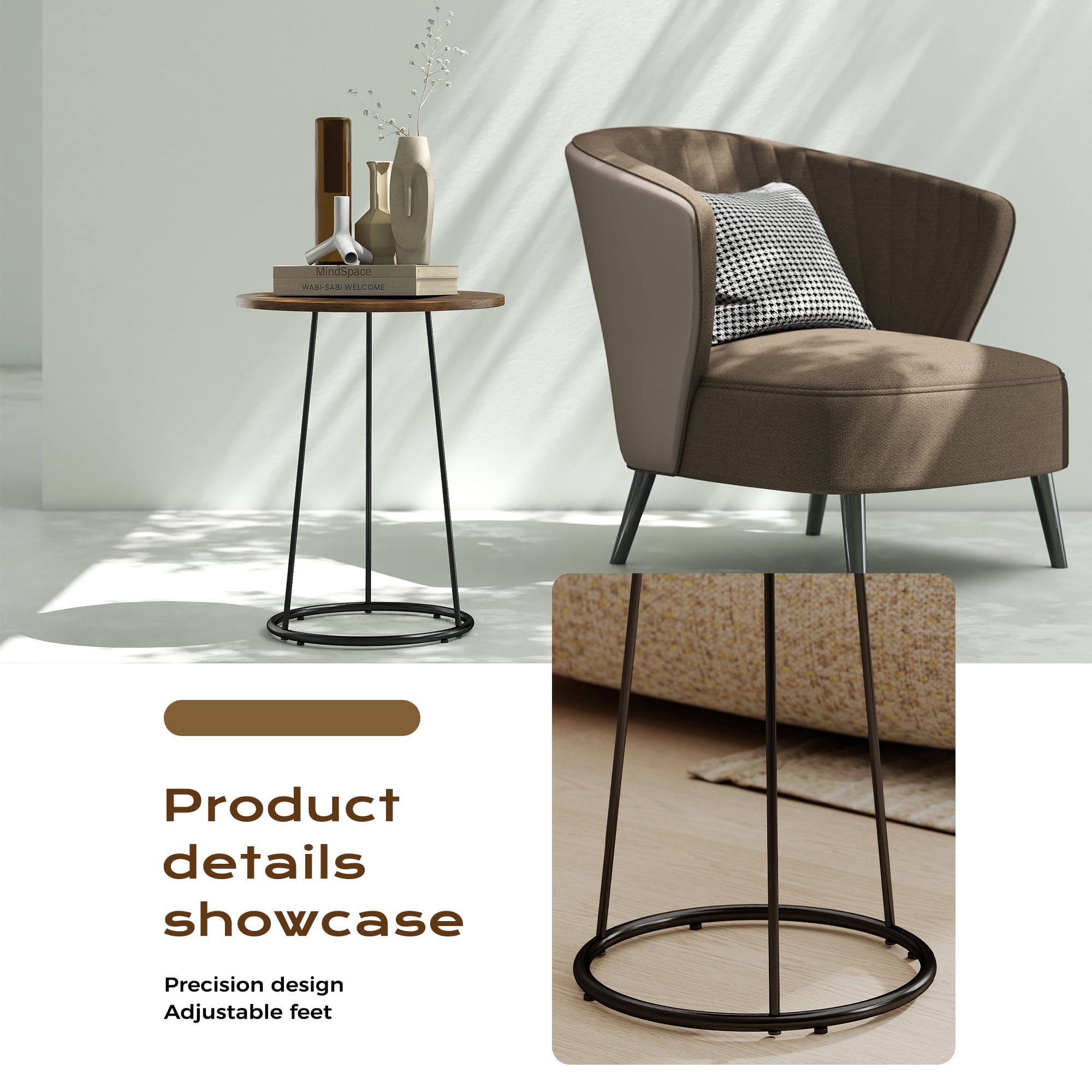Manora Nesting Side Tables Set of 2, Round Rustic End Tables with Metal Frame, Modern Coffee Accent Tables for Living Room Bedroom Small Spaces, Brown