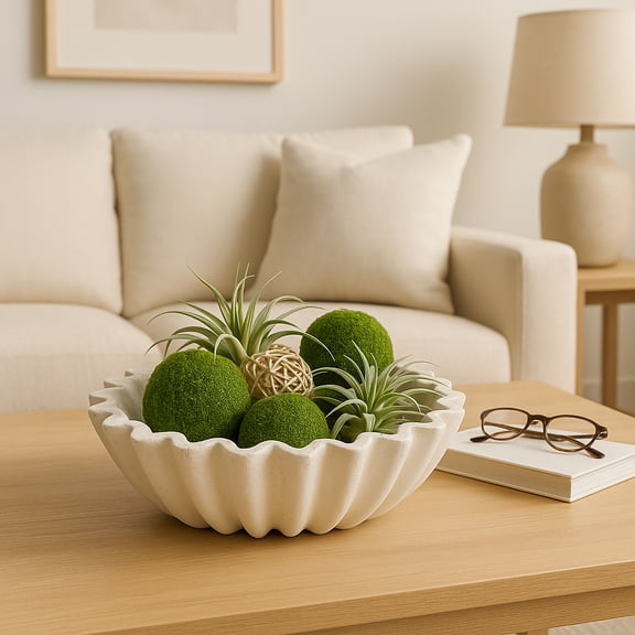 Decorative Scalloped Bowl for Coffee Table Decor - Handcrafted Centerpiece Table Decoration or Home Decor Accents - Casual Kitchen Counter, Entryway, Keys, and Candy Bowl - 5", Ivory & White
