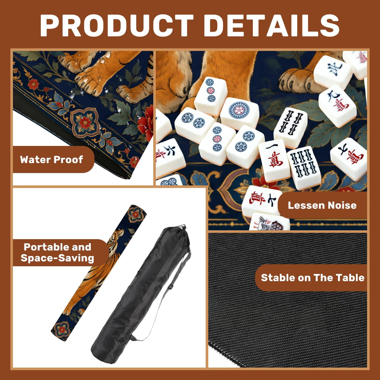 Mahjong Mat 31.5" x 31.5" Majestic Tiger Red Flowers Ornate Border Deep Blue Non-Slip Noise Reduction Mahjong Tiles Table Cover for Dominoes Poker Card Board and Tile Games
