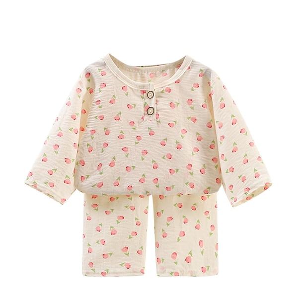 Odeerbi 6M-13Y Niños Niñas Verano Algodón Pijamas Manga Larga Tops Pantalones Conjunto Suave Floral Imprimir Sleepwear Ligero Transpirable Pijama Set