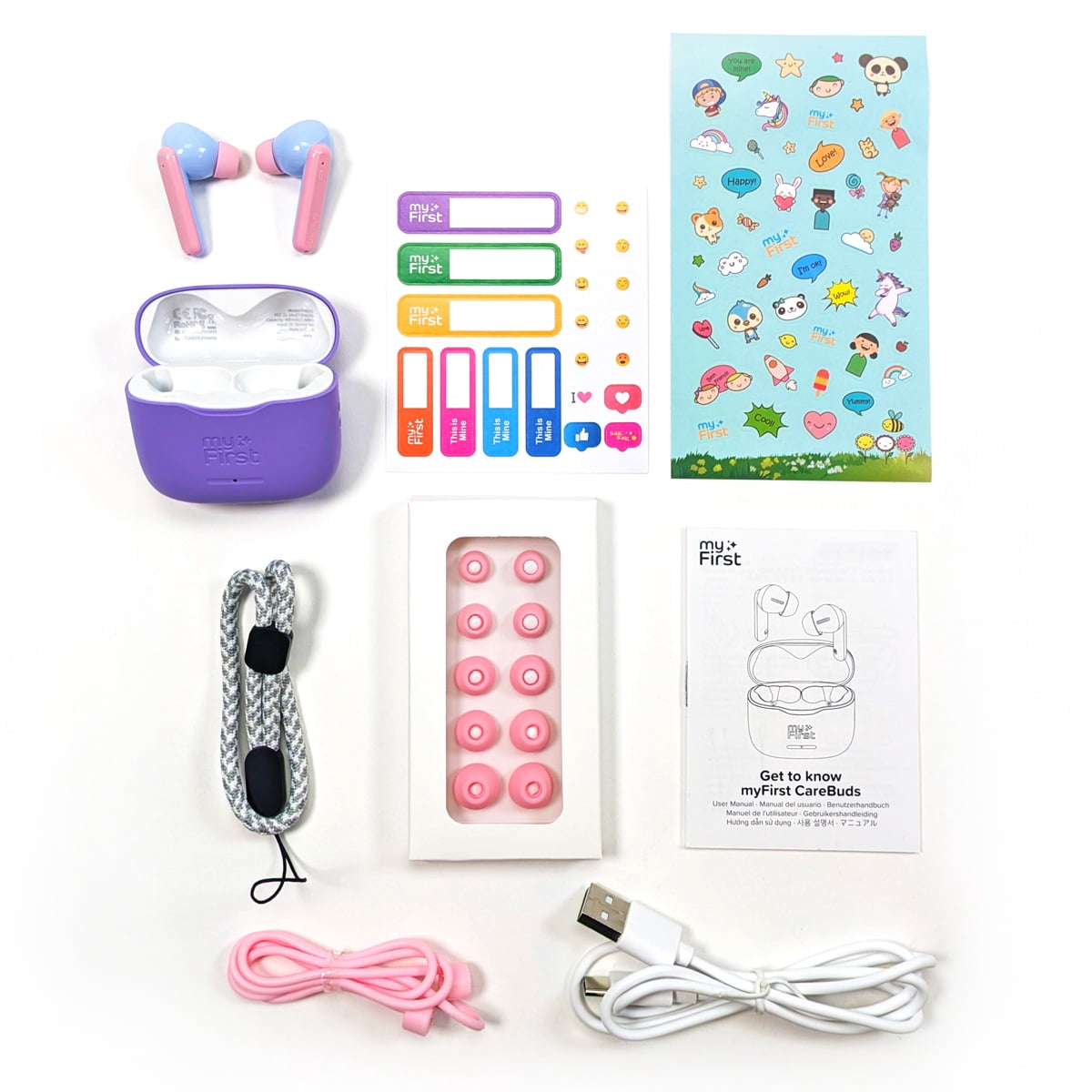 myFirst CareBuds (Cotton Candy) Kids Wireless Earbuds with 85dB Volume Limit, Built-in Mic, 6 Ear Tips, Anti-Lost Strap Easy Pairing, Gift for Kids 4-15