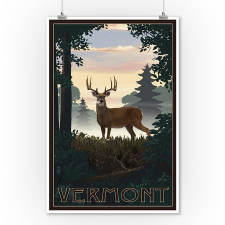 Deer Wall Decor Art - Vermont - Deer & Sunrise - Lantern Press Artwork (9x12 Art Print, Wall Decor Travel Poster)