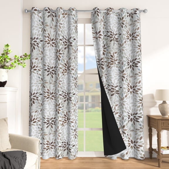 Brown Floral Blackout Curtains 63 Inches Long,2 Panels,Grommet Top,Thermal Insulated